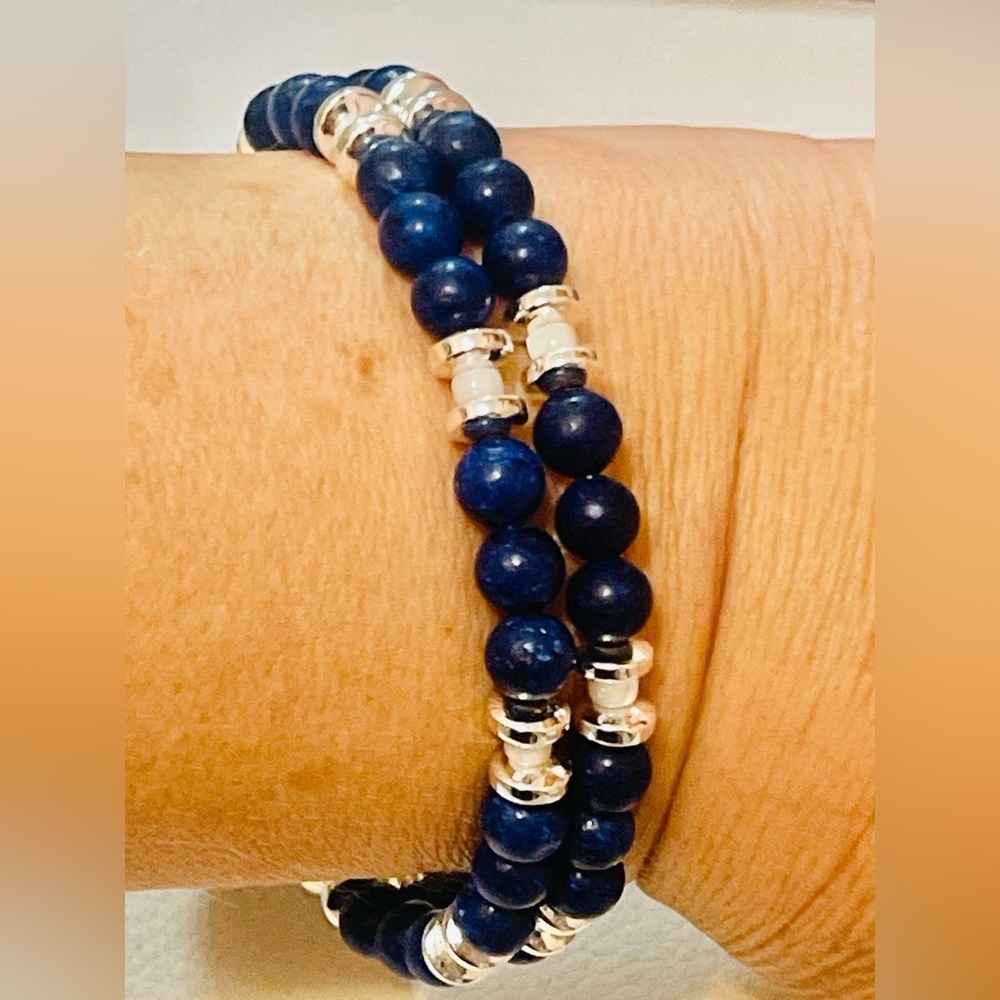 SOUTHWEST LAPIS LAZULI
HEMATITE PEARL WRAP BRACELET Sz 7
- 8"